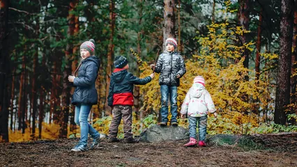 Image d'ambiance d’enfants qui jouent en forêt